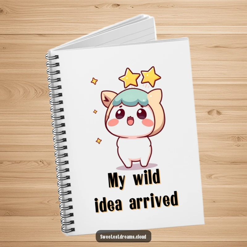 Funny kawaii character notebook, surprised expression, a shooting star lands, perfect for journaling and creativity, stationery humor.