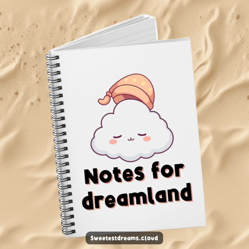Funny cloud character notebook wearing a tiny sleeping cap, floating gently. A humorous journal for capturing thoughts inspired by tranquility and sleep.