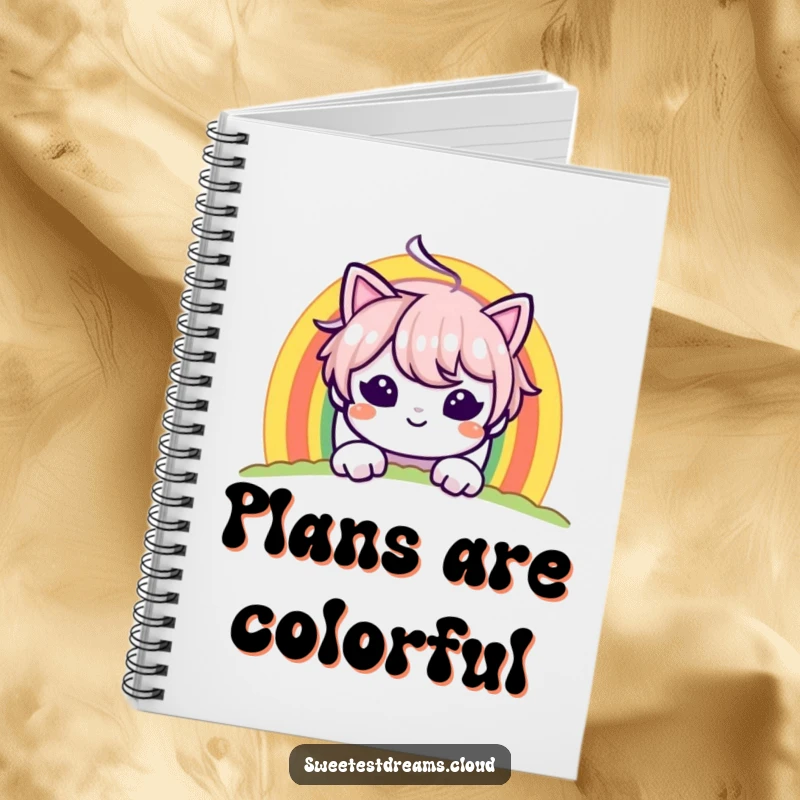 Funny notebook featuring a character peeking from behind a rainbow with a mischievous grin, ideal for notes and sketches.