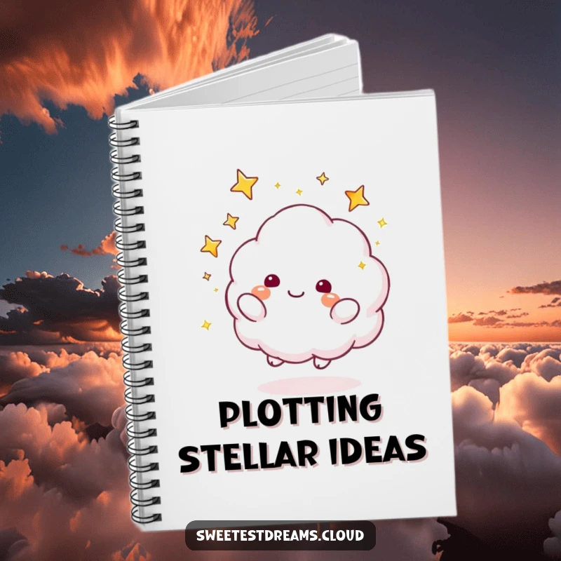 Funny Notebook with a cloud character playfully tossing sparkly stars, ideal for journaling creative and magical thoughts.