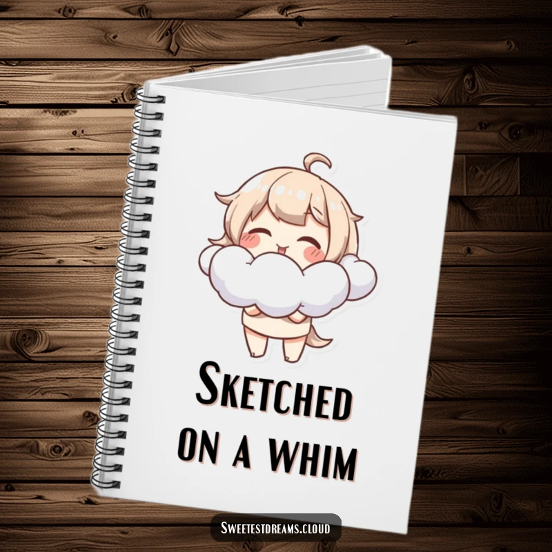 Funny Notebook with a cute character giggling while blowing soft, fluffy cloud shapes, perfect for notes and sketches.