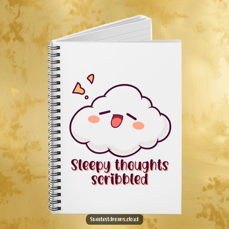Funny cloud character yawning with a sleepy grin on the cover of a humorous notebook for writing.