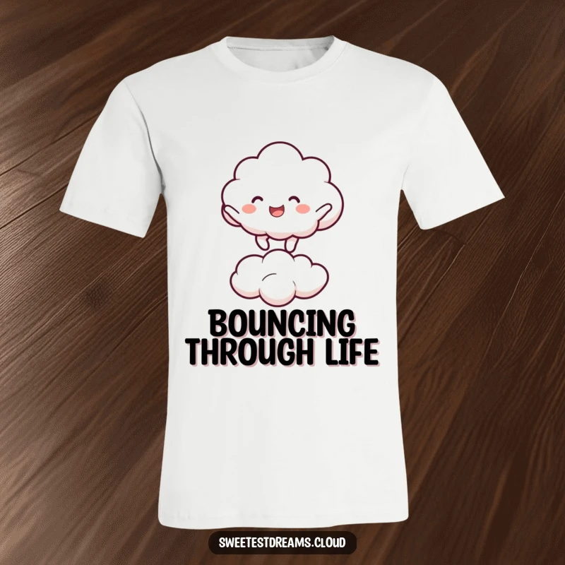 Funny cloud character gleefully bouncing on a smaller cloud formation. Humorous t-shirt.