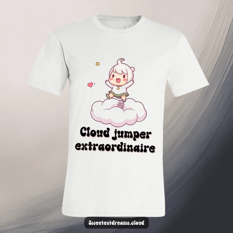 Funny T-Shirt featuring an energetic character joyfully bouncing on a springy cloud, perfect for active and playful spirits.