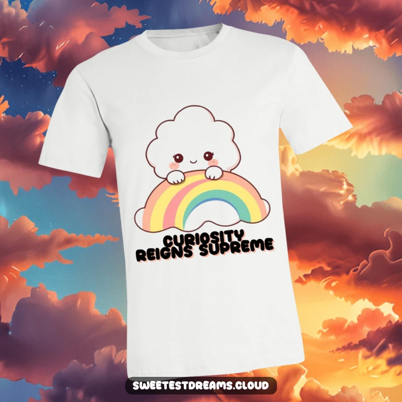 Funny T-shirt showcasing a curious cloud character peeking playfully over a bright rainbow, inviting smiles.