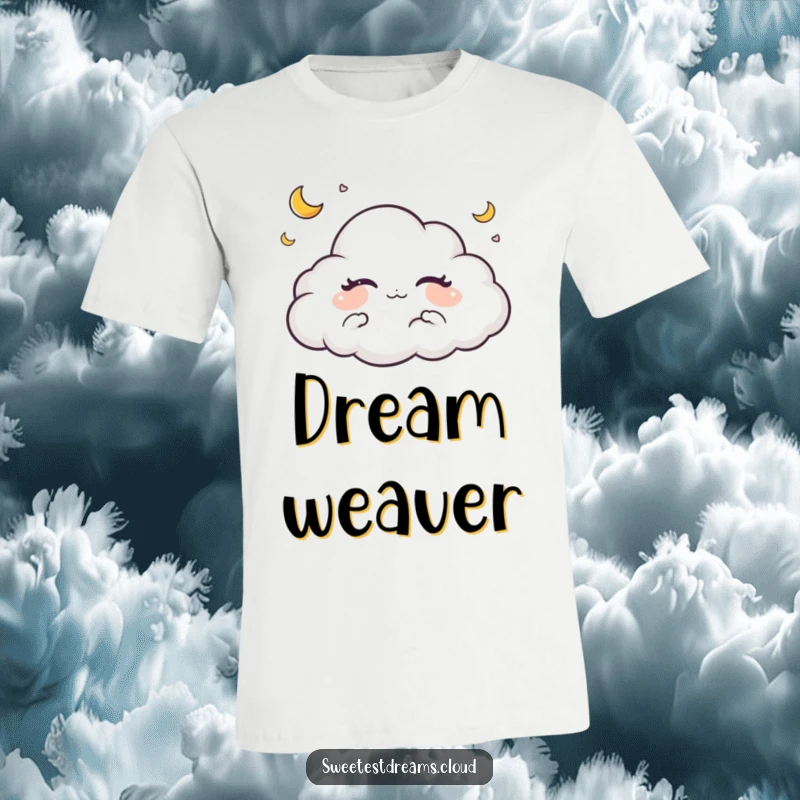 Funny t-shirt displaying a sleeping cloud character embraced by tiny crescent moons, symbolizing sweet dreams and tranquility.