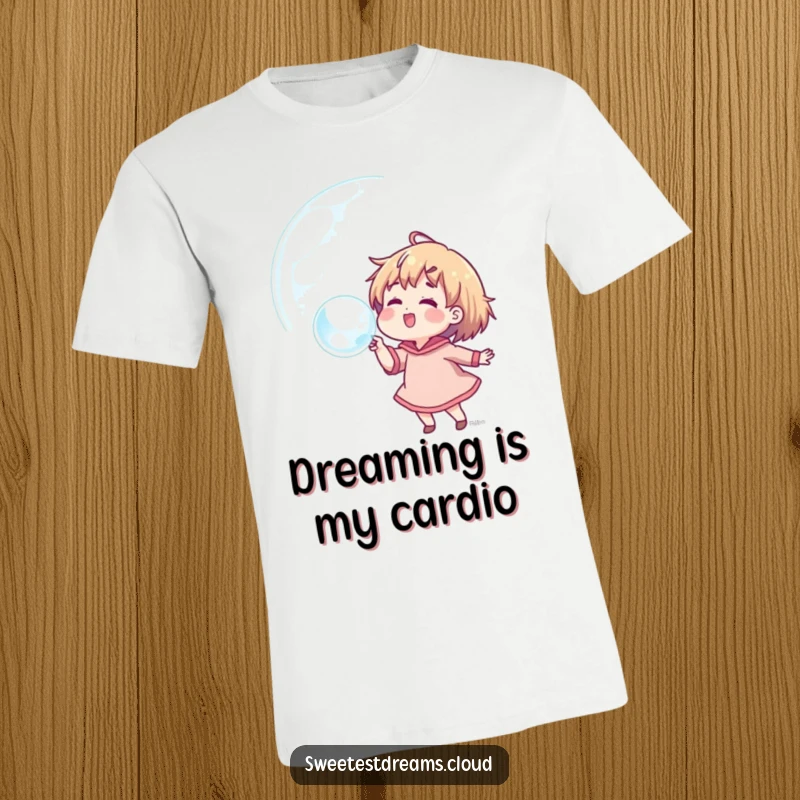 Funny t-shirt with a character joyfully blowing a massive bubble containing colorful reflections of dreams and aspirations.