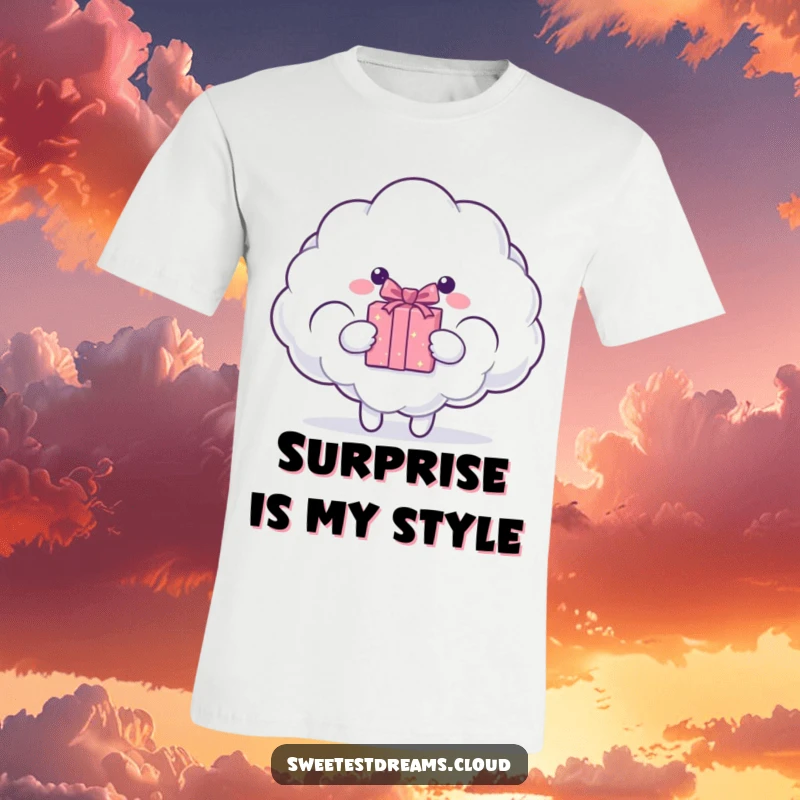 Funny cloud character offering a sparkling gift box from its fluffy form. Humorous t-shirt.