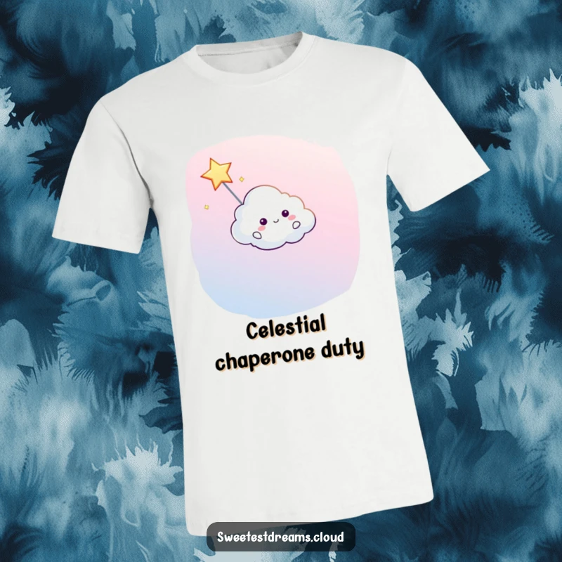 Funny t-shirt depicting a cheerful cloud character leading a shooting star on a whimsical sky adventure.