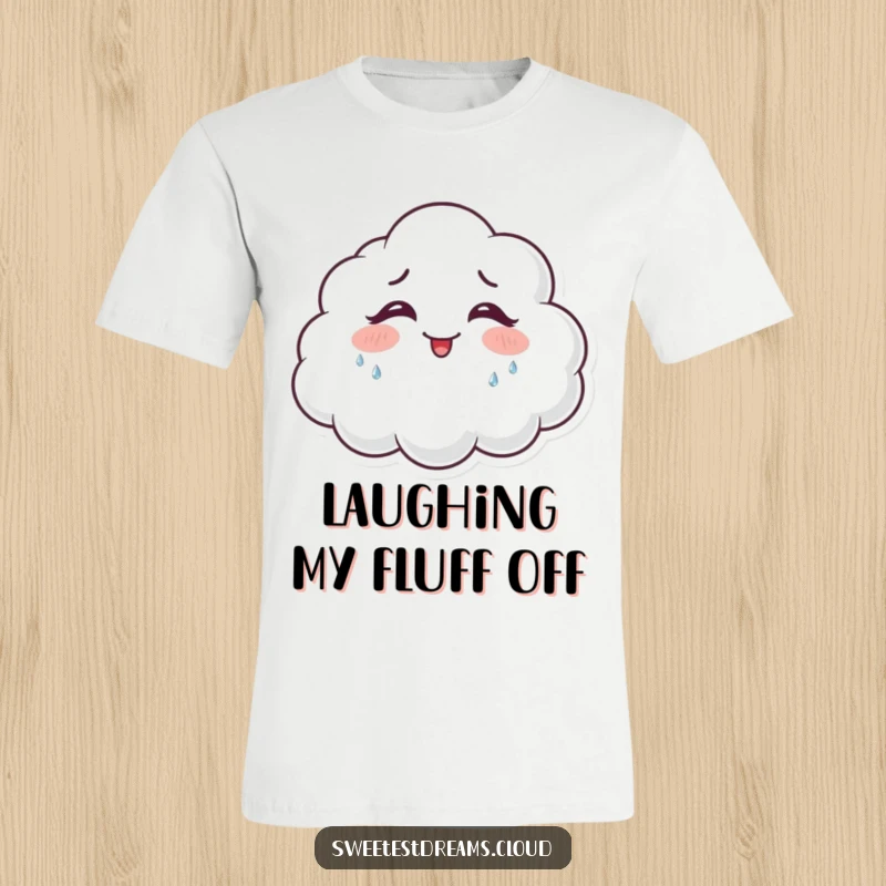 Funny giggling cloud t-shirt shows a happy cloud character laughing and shedding sparkling tears of joy.