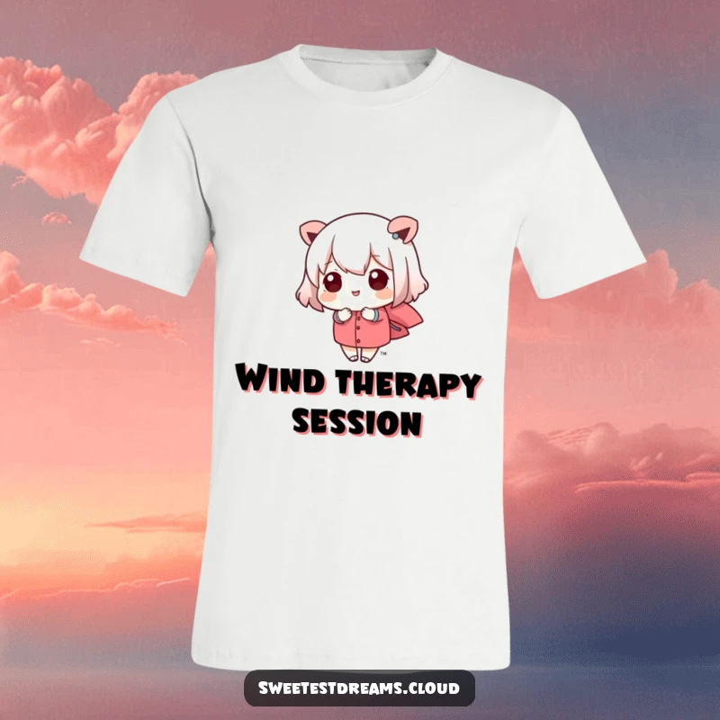 Funny kawaii character peacefully riding on a gentle breeze, looking relaxed and happy. This t-shirt is a humorous gift.