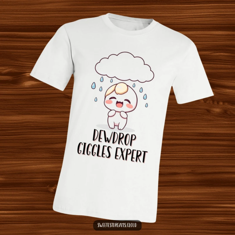 Funny kawaii character t-shirt showing a cute character laughing joyfully as tiny, sparkling dewdrops fall from a fluffy cloud.