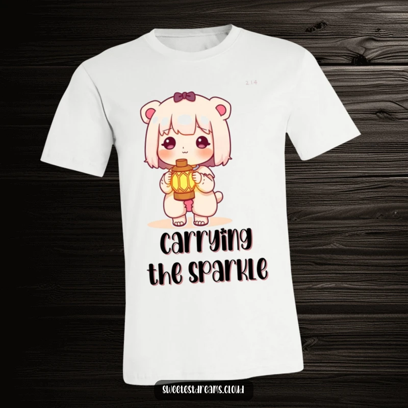 Funny kawaii character t-shirt showing a cute character holding a miniature lantern that emits a soft, warm glow.