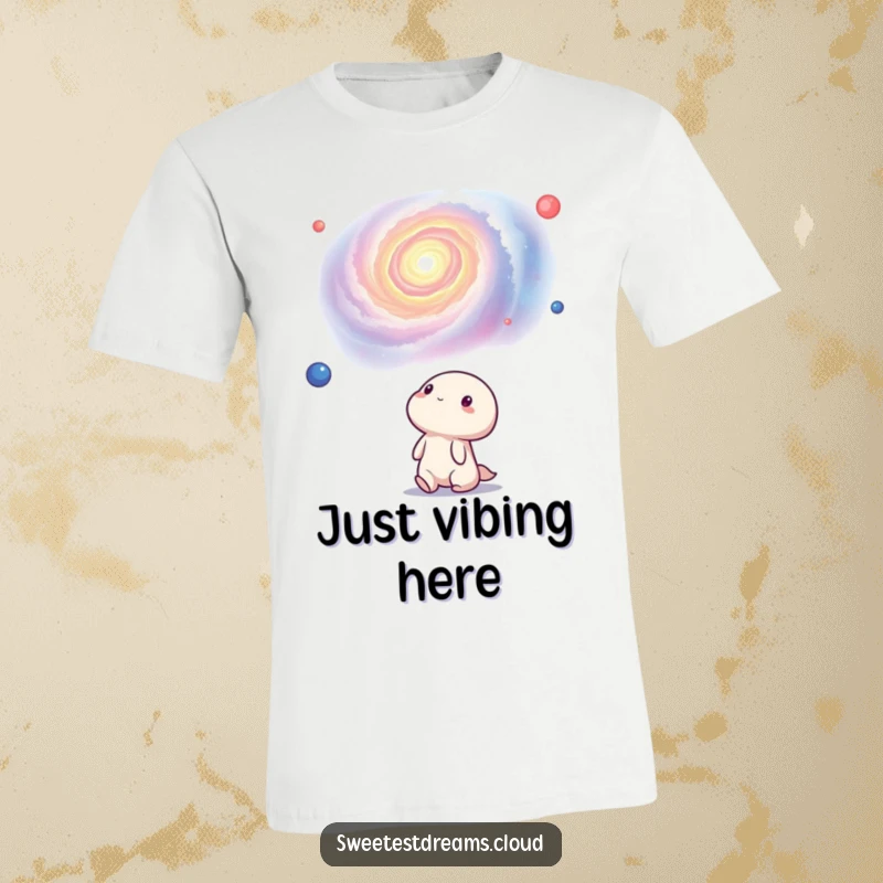 Funny kawaii character looking up in wonder at a majestic, swirling nebula. This t-shirt is a delightful and humorous cosmic gift.