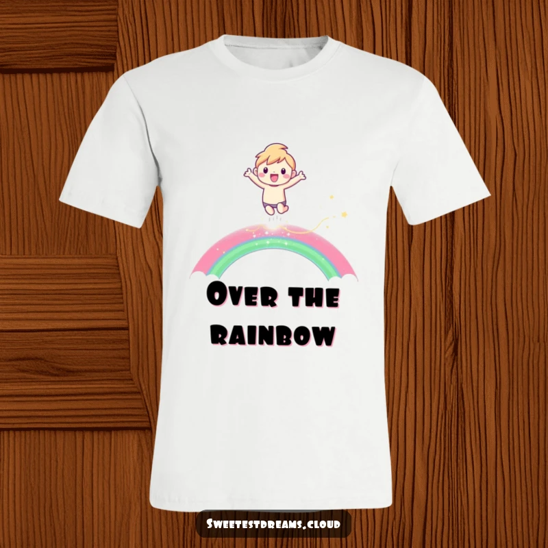 Funny T-Shirt with a character joyfully leaping over a shimmering rainbow, perfect for spreading happiness and cheer.