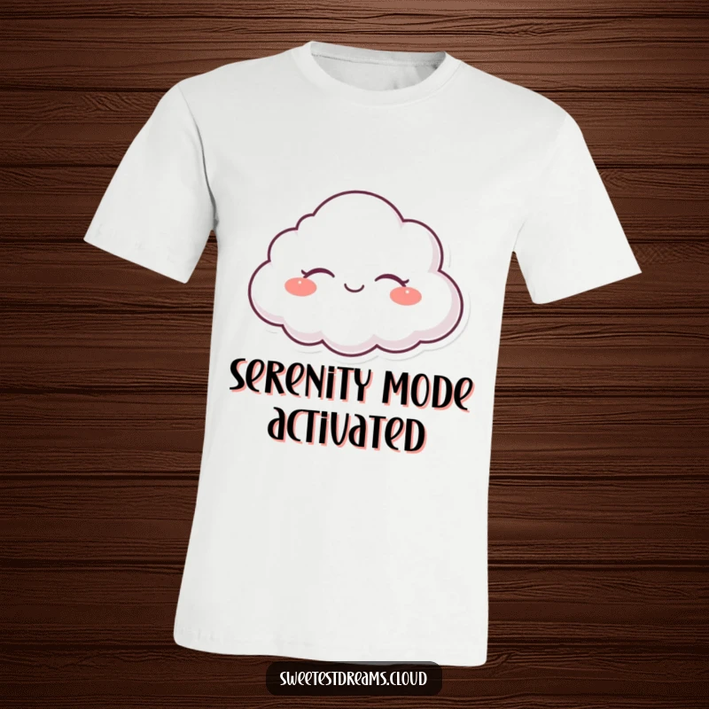 Funny t-shirt showing a content cloud character floating blissfully with eyes closed in happiness.