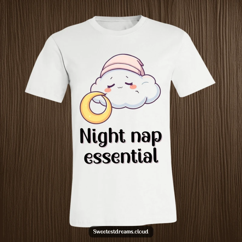 Funny T-Shirt showing a sleepy cloud character in a cap nuzzling a crescent moon, capturing a serene and cozy night scene.