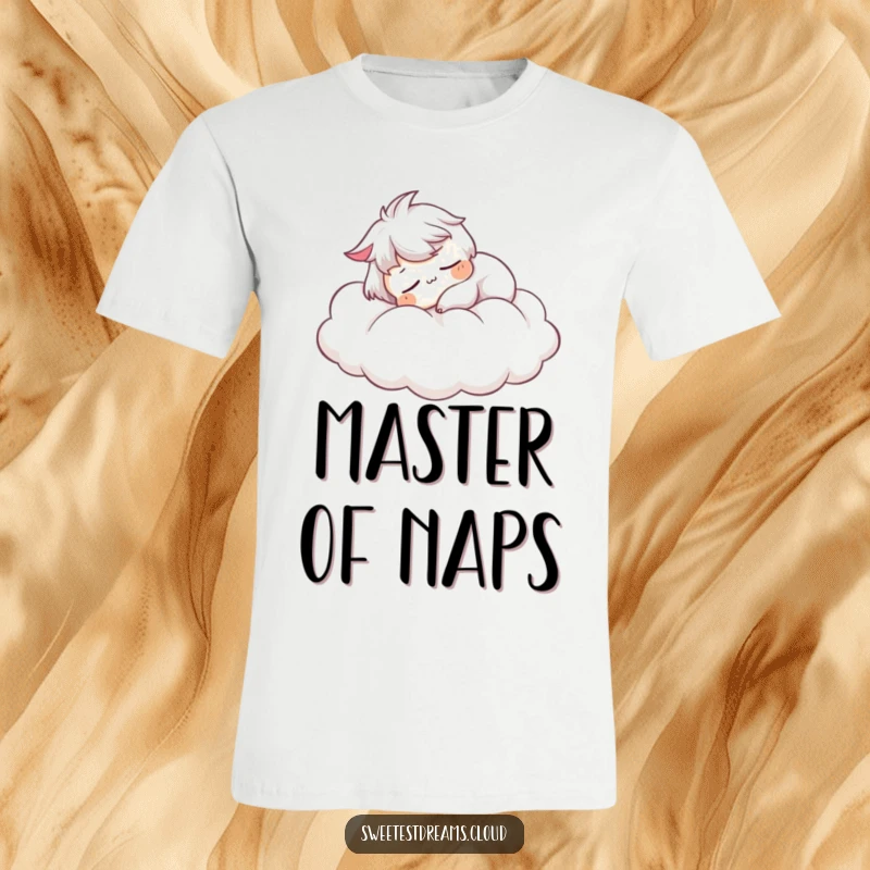 Funny T-Shirt: Character in deep slumber on a fluffy cloud, expressing ultimate peace and a funny desire to nap.