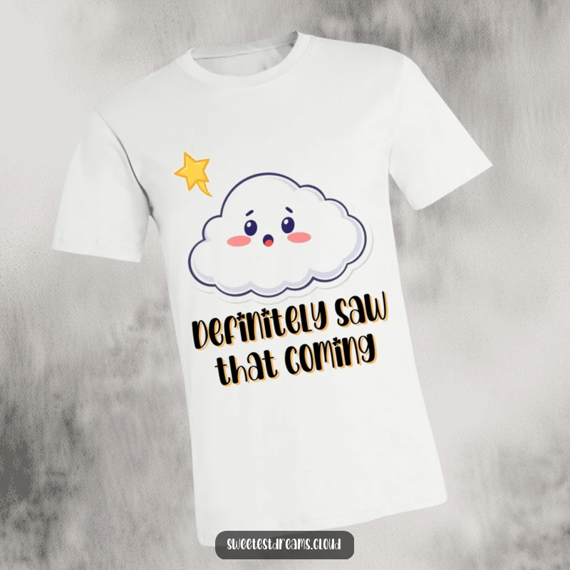 Funny surprised cloud t-shirt design showing a cloud character looking up in shock at a shooting star.