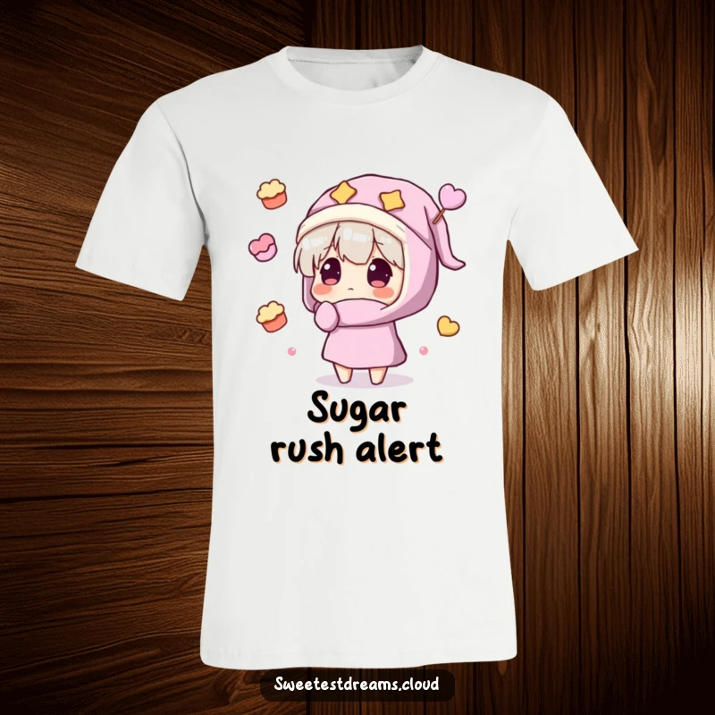 Funny T-Shirt: A character in pajamas and nightcap stares in awe at a cascade of floating candies and desserts.
