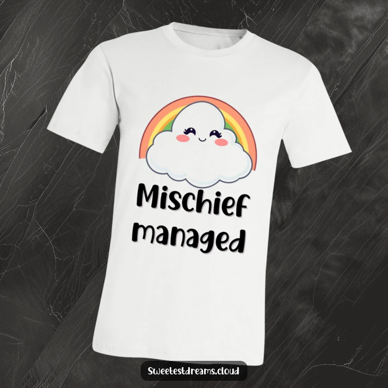 Funny T-shirt showcasing a cloud with a mischievous wink peeking from behind a colorful rainbow, symbolizing cheeky and vibrant humor.