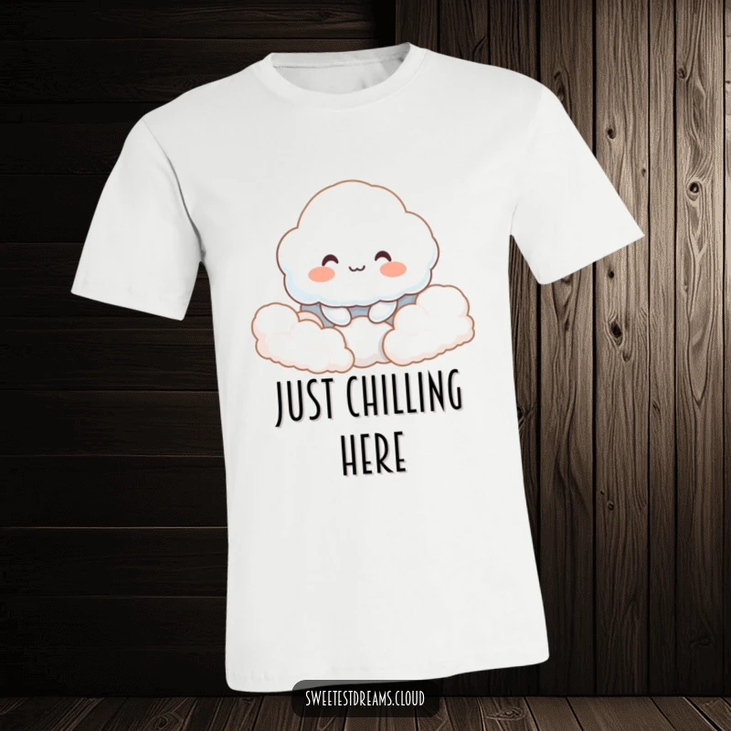 Funny t-shirt showcasing a softly smiling cloud character nestled contentedly among fluffy clouds, radiating peaceful happiness.