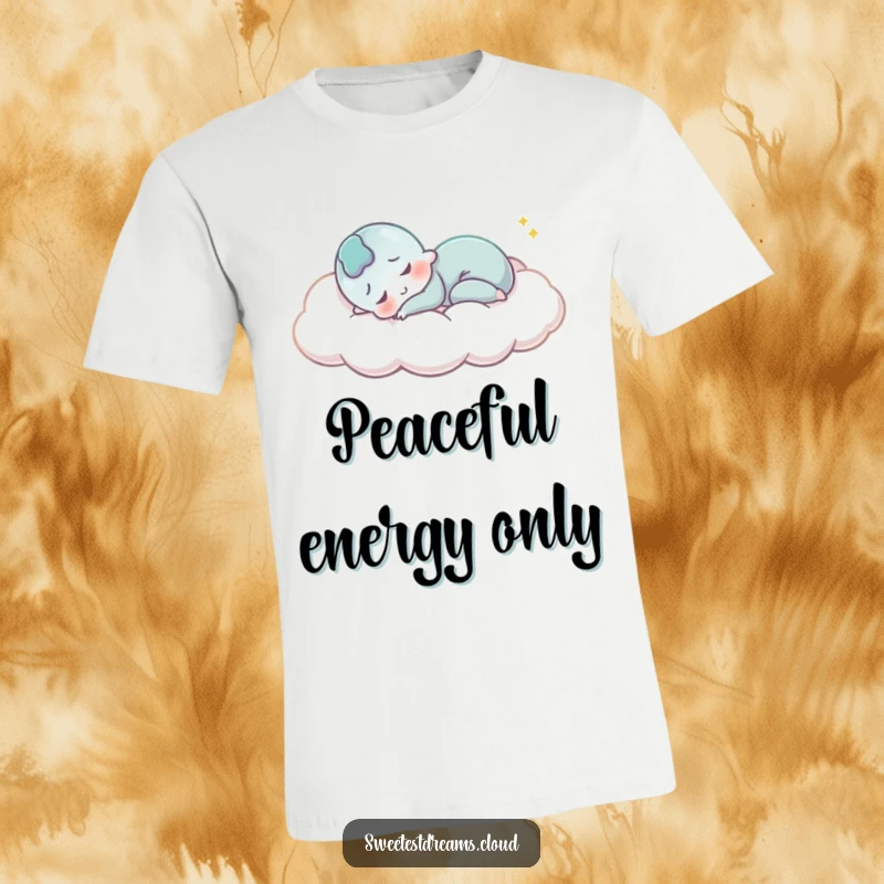 Funny T-Shirt: A character sleeps peacefully on a cloud, smiling blissfully, showcasing sweet, humorous tranquility.