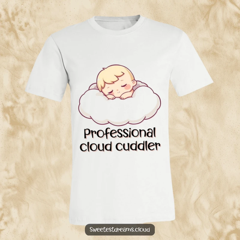 Funny Sleepy Character T-Shirt depicting a character blissfully napping on a soft, puffy cloud, radiating comfort and humorous tranquility.
