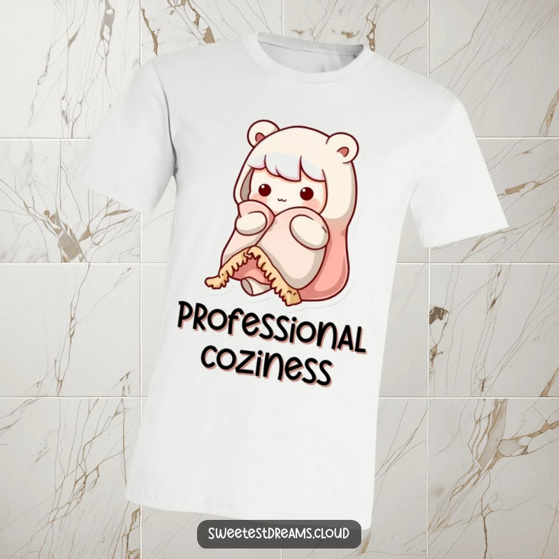 Funny kawaii character t-shirt featuring a cute character holding a soft, warm blanket, looking perfectly cozy and snug.