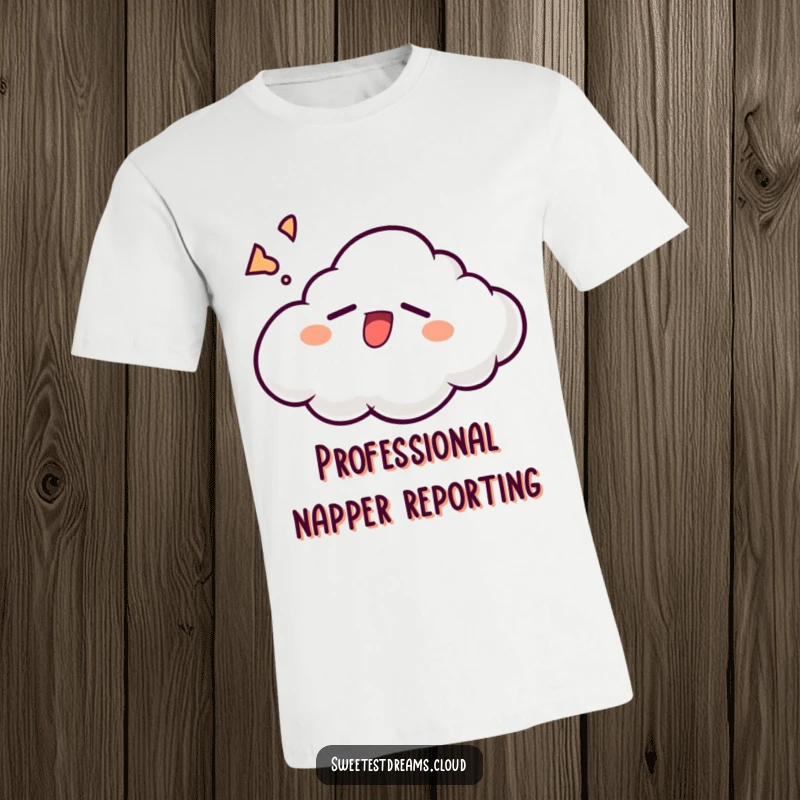 Funny cloud character caught mid-yawn with a relaxed, sleepy grin, designed for a humorous t-shirt.