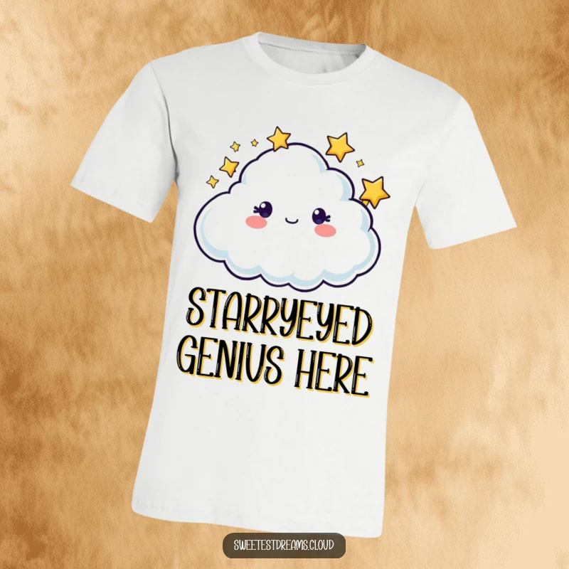 Funny cloud character with a halo of twinkling stars, designed for a humorous and eye-catching t-shirt.