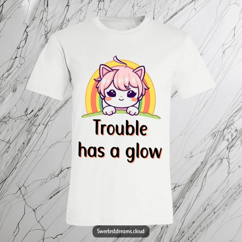 Funny t-shirt featuring a character peeking playfully from behind a bright rainbow with a distinctly mischievous and charming grin.
