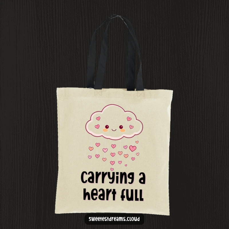 Funny Heart Cloud Tote Bag showing a cheerful cloud raining tiny shimmering hearts, ideal for carrying items with loving and humorous flair.