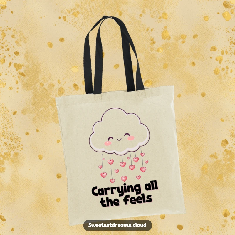 Funny tote bag showcasing a cute cloud character showering tiny, shimmering hearts, perfect for daily use and gifts.