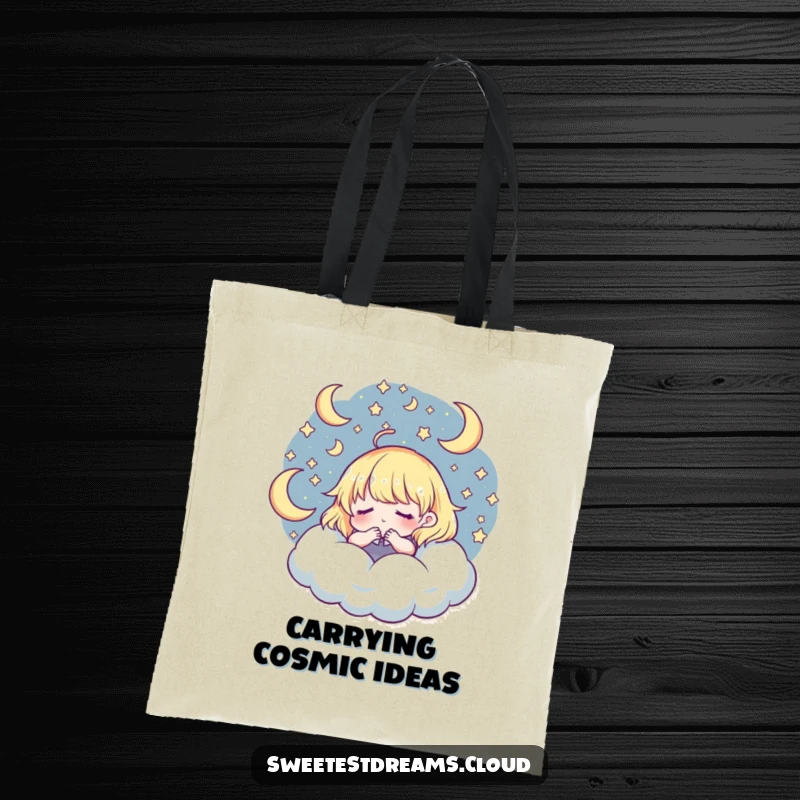Funny Tote Bag: Character dreaming among stars and moons, holding dreams, a practical and funny accessory.