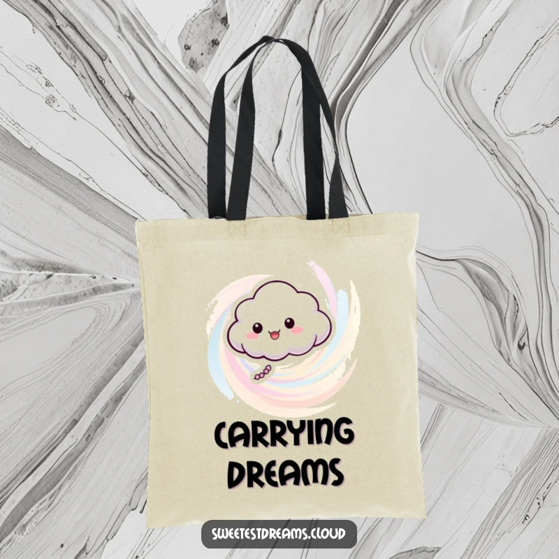 Funny tote bag designed with a playful cloud character amidst a swirling, artistic blend of pastel colors, perfect for errands.