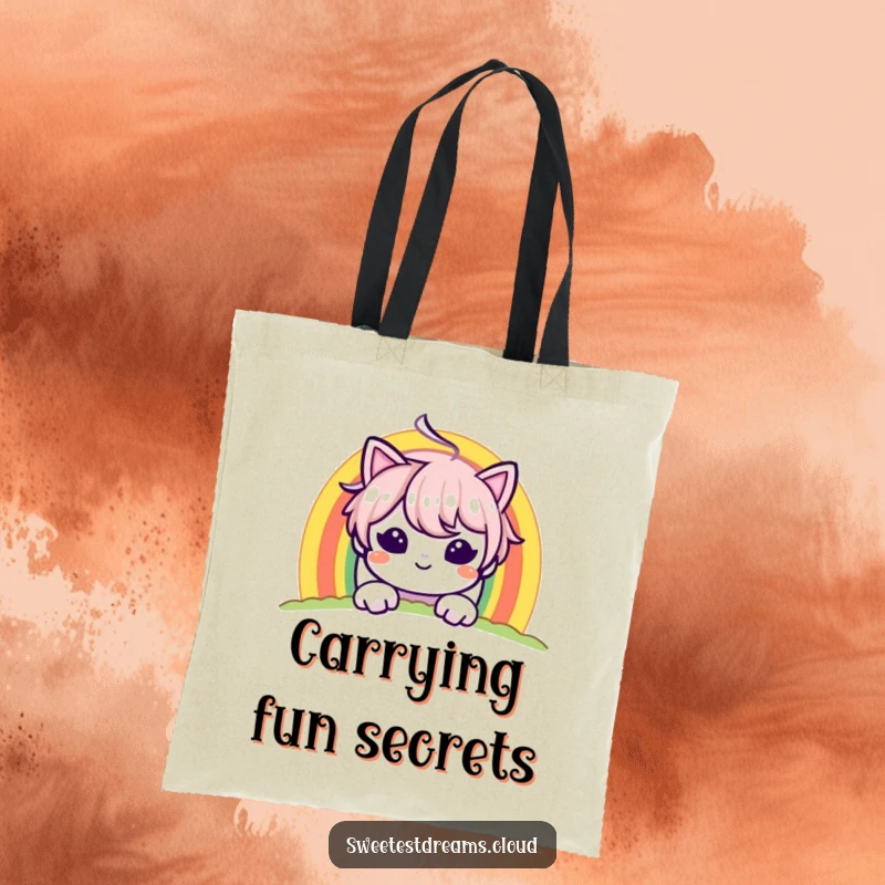 Funny tote bag depicting a character peeking with a mischievous grin from behind a bright rainbow, ideal for carrying essentials.