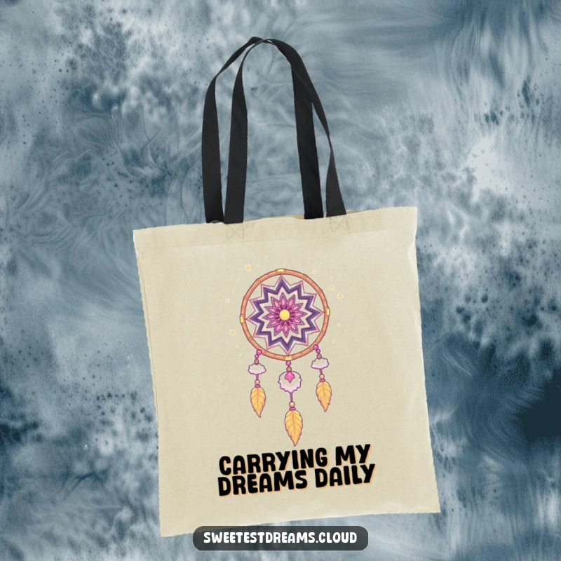 Funny Dream Catcher Tote Bag showcasing a whimsical stardust and cloud design, ideal for carrying items with a touch of celestial humor and style.