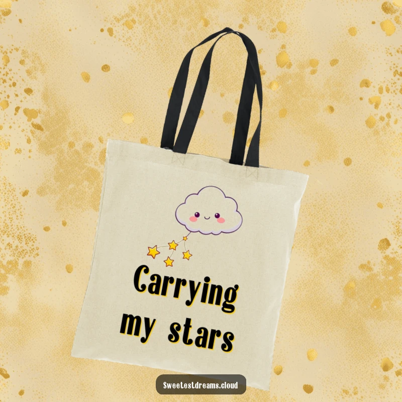 Funny tote bag showcasing a cloud character guided by a string of stars, perfect for carrying dreams and daily items.