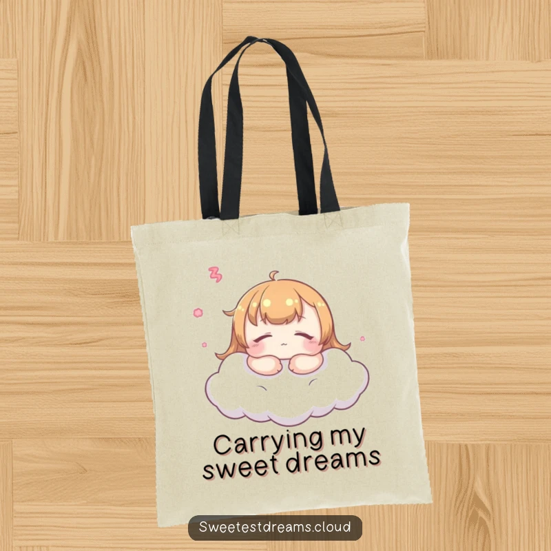 Funny kawaii dreamer tote bag, peaceful expression on cloud, practical and humorous accessory for everyday.