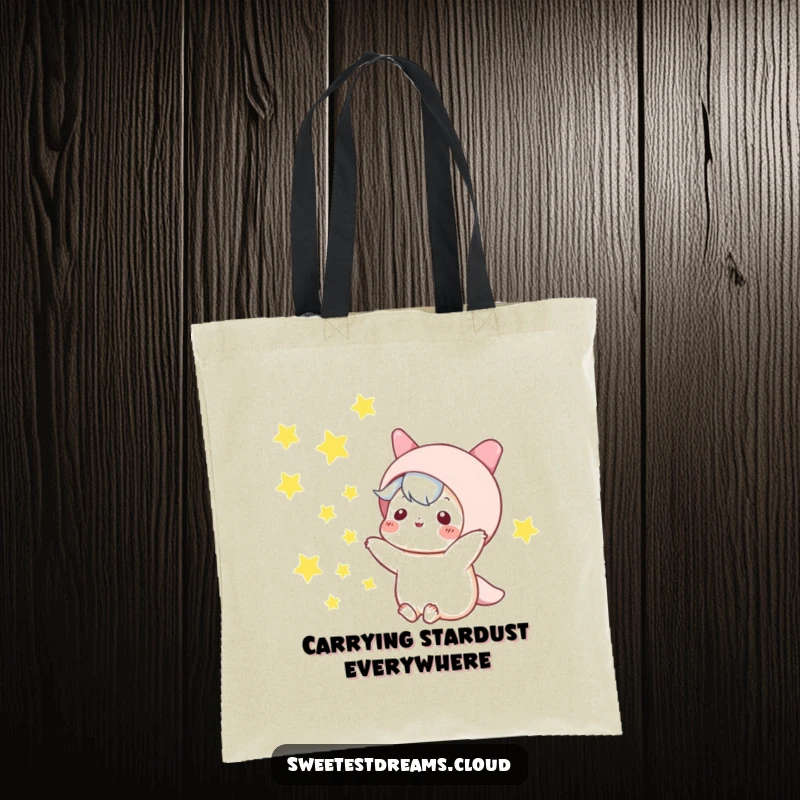 Funny kawaii character tote bag, playfully tossing stars into the night sky, practical and humorous accessory.