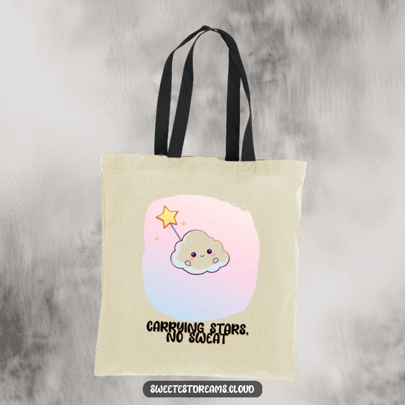 Funny tote bag with a cloud character gently guiding a bright shooting star across a starry backdrop.