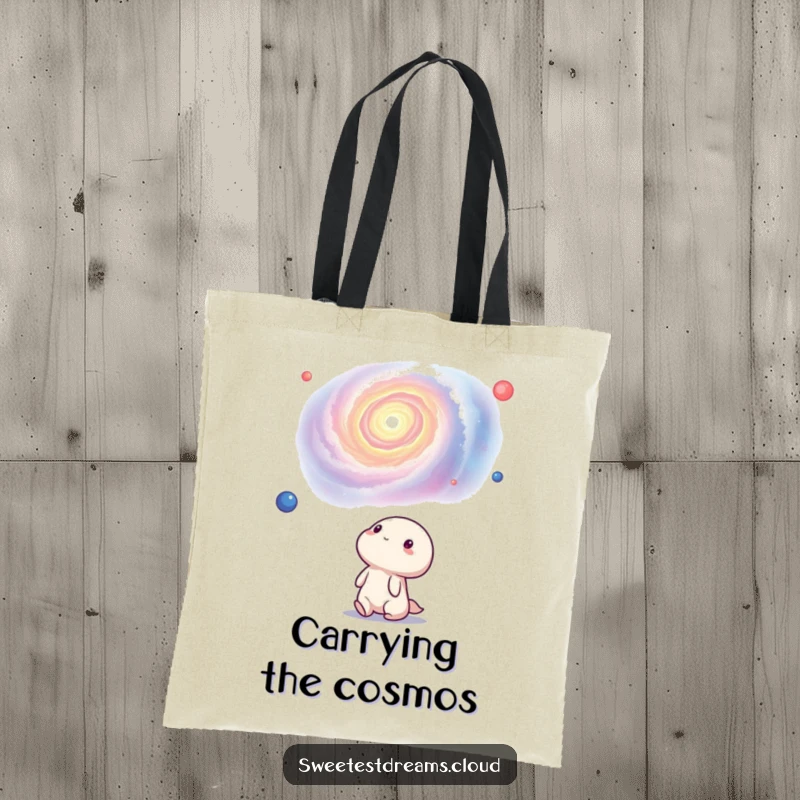 Funny kawaii character gazing up at a swirling nebula, perfect for carrying cosmic dreams. This tote bag is a humorous gift.