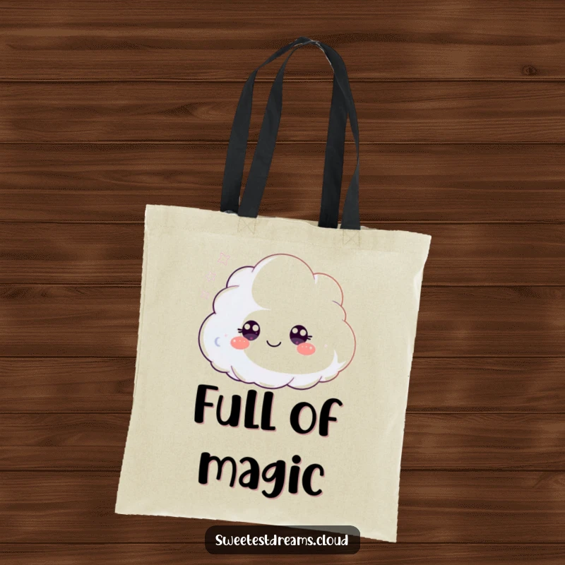Funny tote bag with a small, fluffy cloud character blowing shimmering glitter, symbolizing enchantment and playful magic.