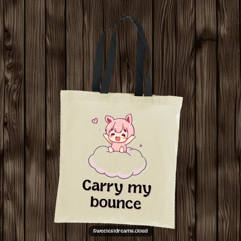 Funny Tote Bag featuring a character bouncing on a soft cloud, perfect for carrying items with a dose of playful humor.