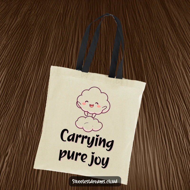 Funny cloud character joyfully bouncing on a smaller cloud. Humorous and practical tote bag.