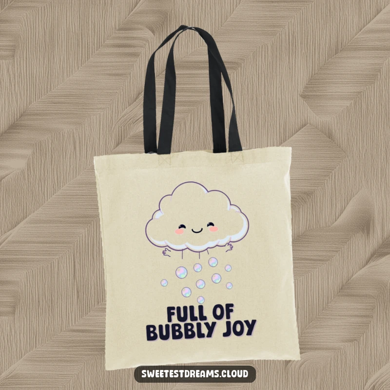 Funny tote bag showcasing a cloud with open arms catching a shower of iridescent bubbles.