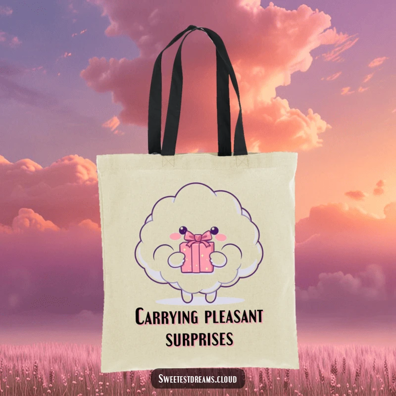 Funny cloud character presenting a sparkling gift box from its fluffy form. Humorous tote bag.