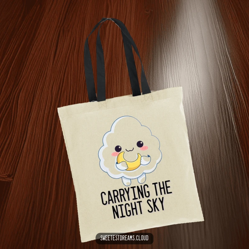 Funny cloud character playfully clutching a crescent moon like a toy, perfect for a humorous and practical tote bag.