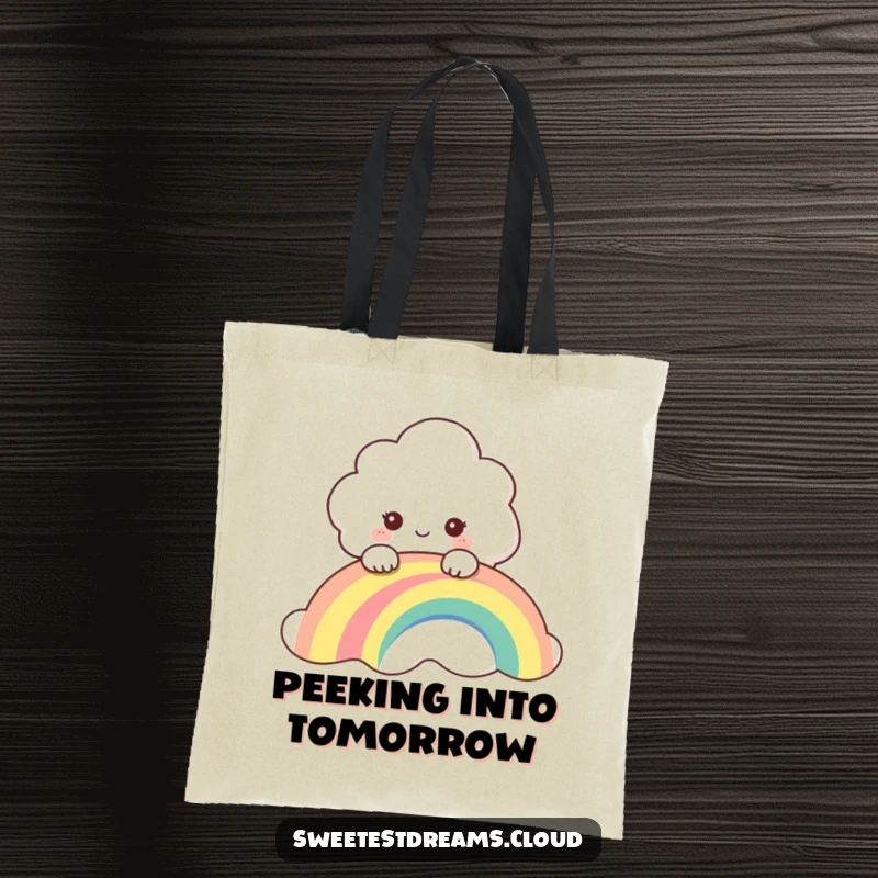 Funny tote bag with a curious cloud character peeking over a rainbow, ready for adventure and stylishly carrying belongings.